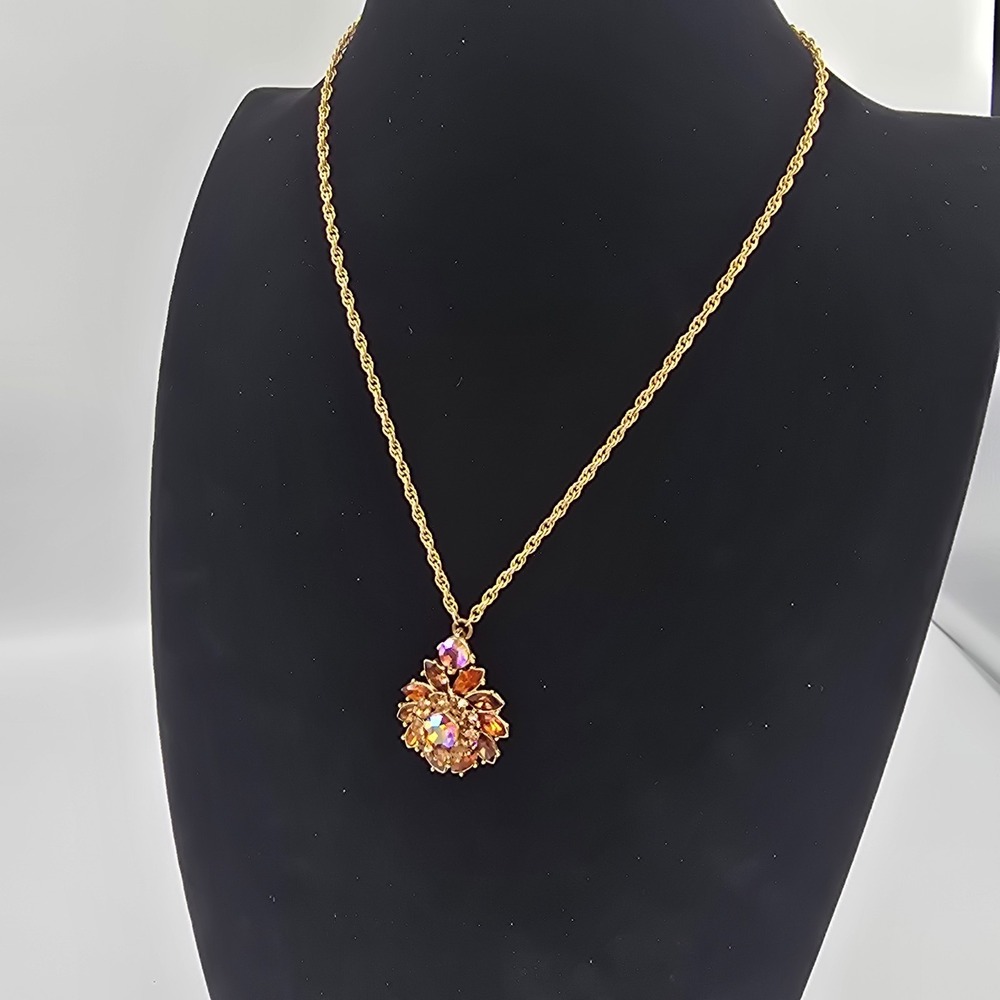 Vintage Trifari Necklace AB Rhinestones Gold Tone Amber Brown - Picture 5 of 12
